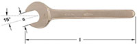 A single box-end wrench shown from two angles. Top view reveals the depth and structure of the box end, while the bottom view presents a flat, elongated design, textured grip on the wrench handle. Box-end pointed left, handle right.